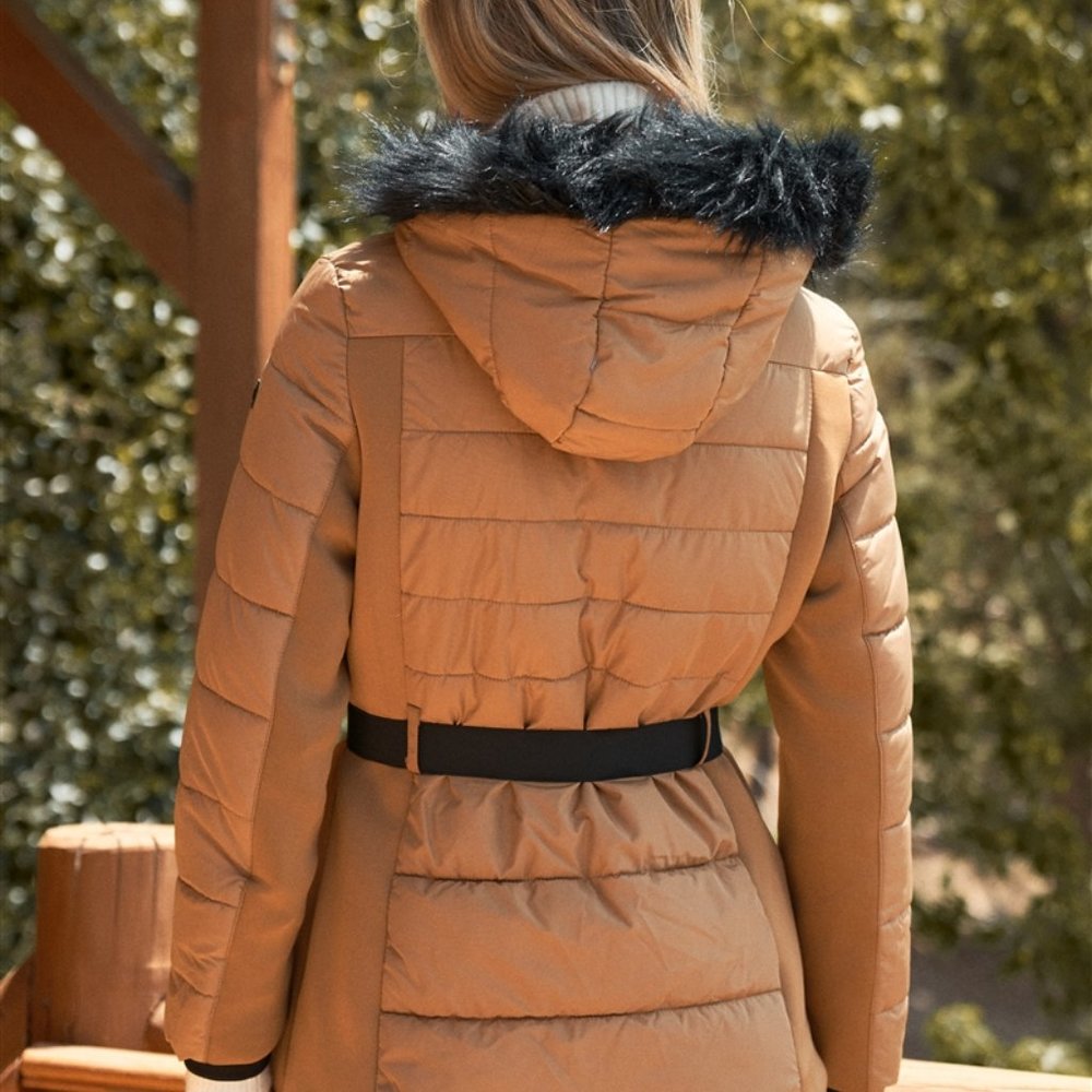 Camel Beige Faux Fur Harness Buckle Belt Detail Lo - Picture 6 of 7